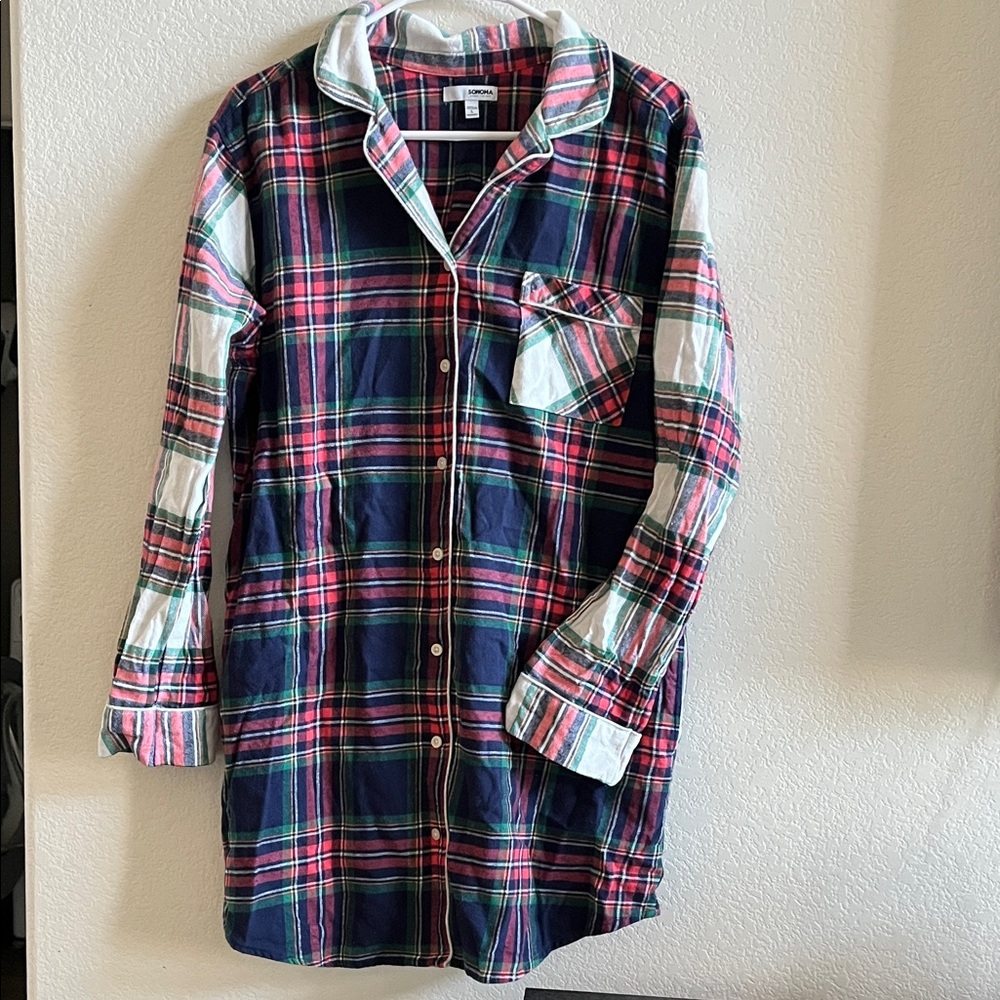 Sonoma Red Navy Green Plaid Button-Up Pajama Shirt